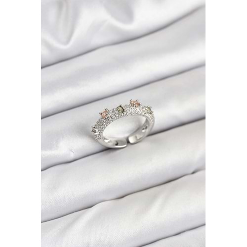 Pirinç Gümüş Renk Zirkon Taşlı Vintage Kadın Yüzük