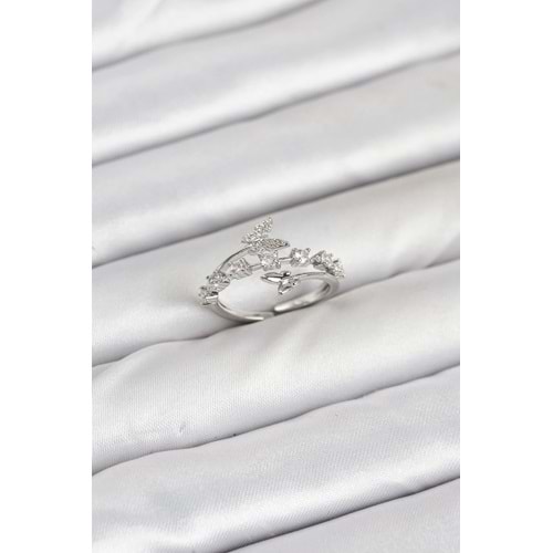 Pirinç Gümüş Renk Zirkon Taşlı Kelebek Model Kadın Yüzük