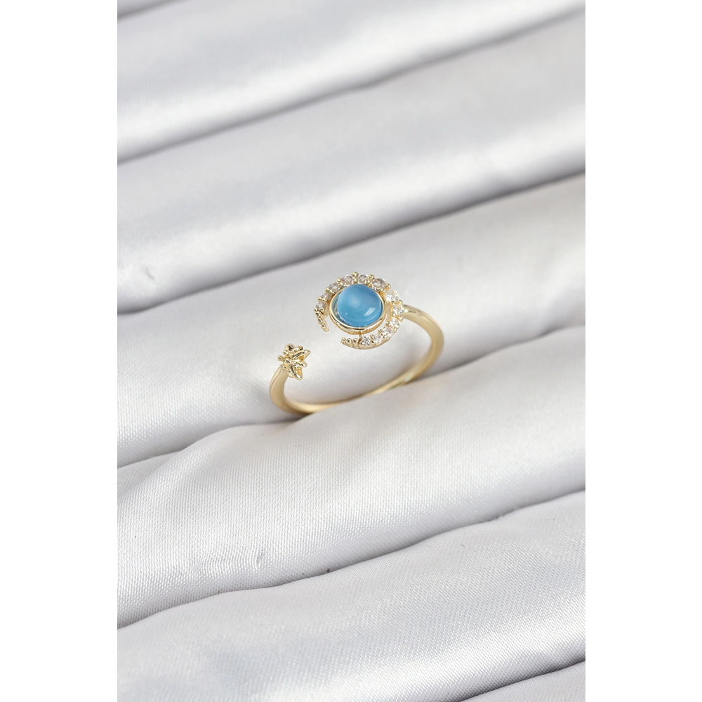 Pirinç Gold Renk Zirkon Taşlı Ay Yıldız Kadın Yüzük