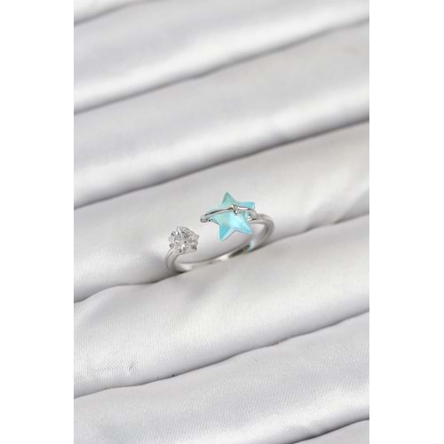 Pirinç Gümüş Renk Mavi Yıldızlı Model Kadın Yüzük