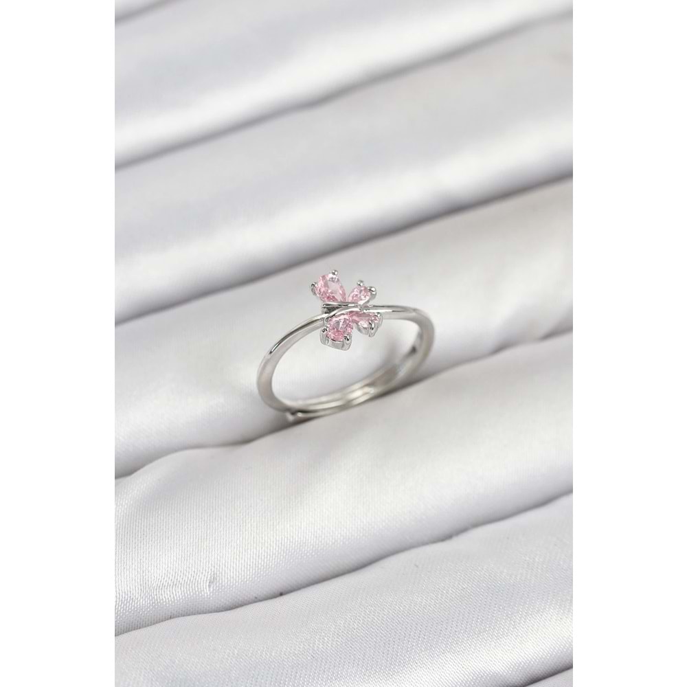 Pirinç Gümüş Renk Pembe Kelebek Kadın Yüzük