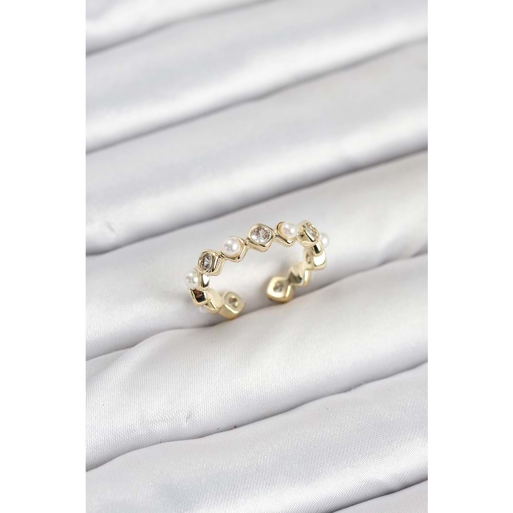 Pirinç Gold Renk Zirkon Taşlı İncili Kadın Yüzük