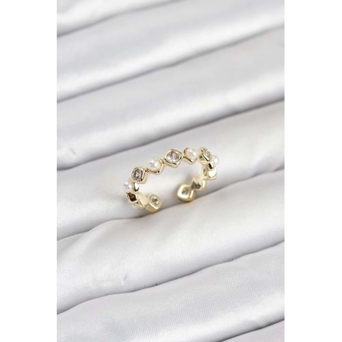 Pirinç Gold Renk Zirkon Taşlı İncili Kadın Yüzük