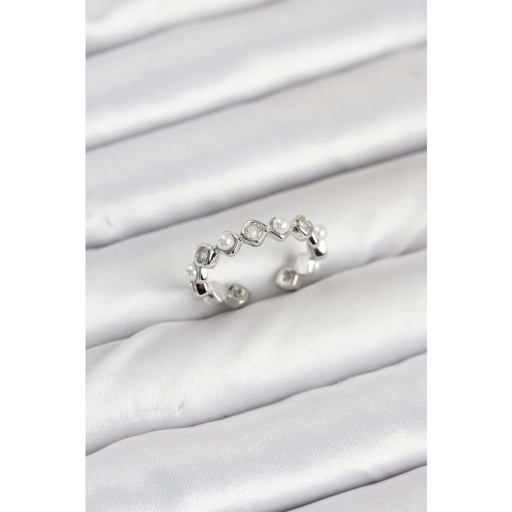 Pirinç Gümüş Renk Zirkon Taşlı İncili Kadın Yüzük