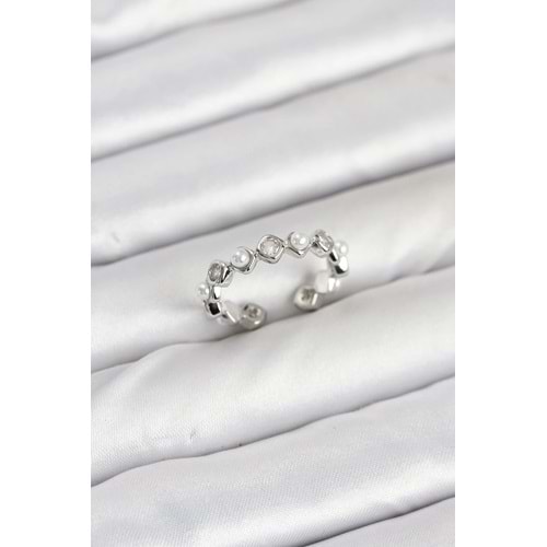 Pirinç Gümüş Renk Zirkon Taşlı İncili Kadın Yüzük