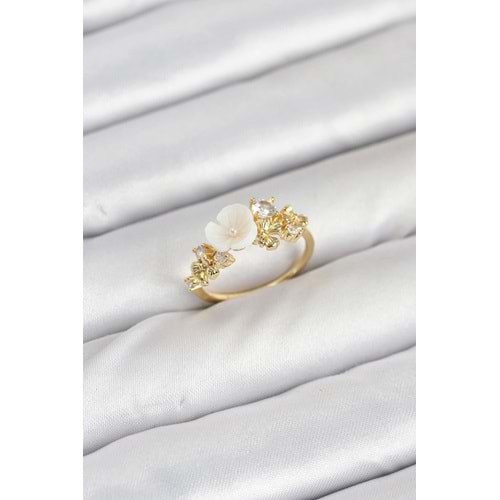 Pirinç Gold Renk Çiçek Model Zirkon Taşlı Kadın Yüzük