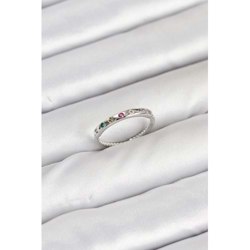 Pirinç Gümüş Renk Renkli Zirkon Taşlı Kadın Yüzük