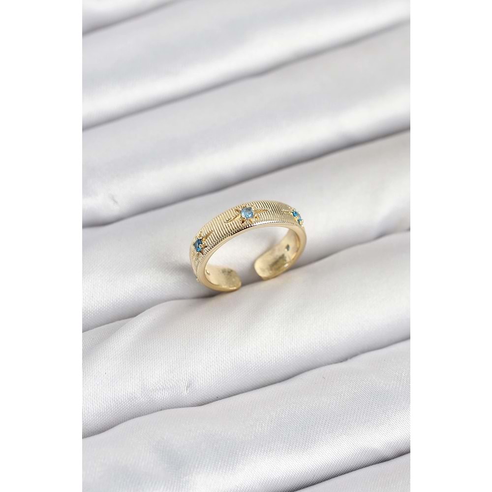Pirinç Gold Renk Mavi Zirkon Taşlı Kutup Yıldızı Model Kadın Yüzük