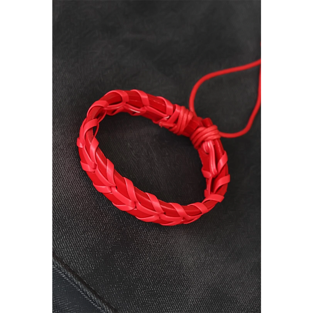 Kırmızı Örgü Deri Erkek Bileklik