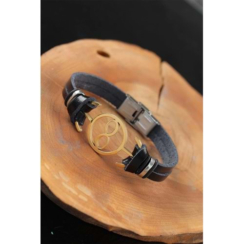 Gold Renk Sonsuzluklu Metal Aksesuarlı Siyah Renk Deri Erkek Bileklik