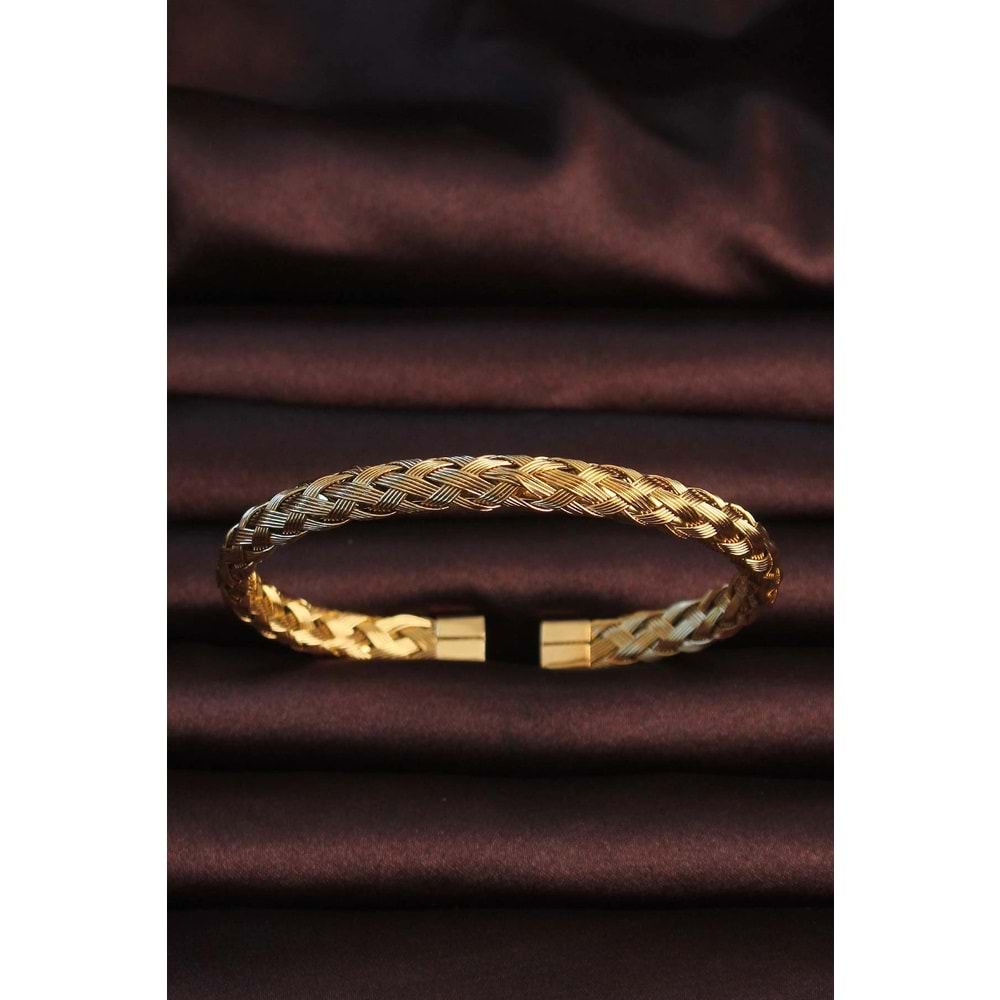316L Çelik Altın Renk Kalın Yassı Örgü Model Erkek Bileklik