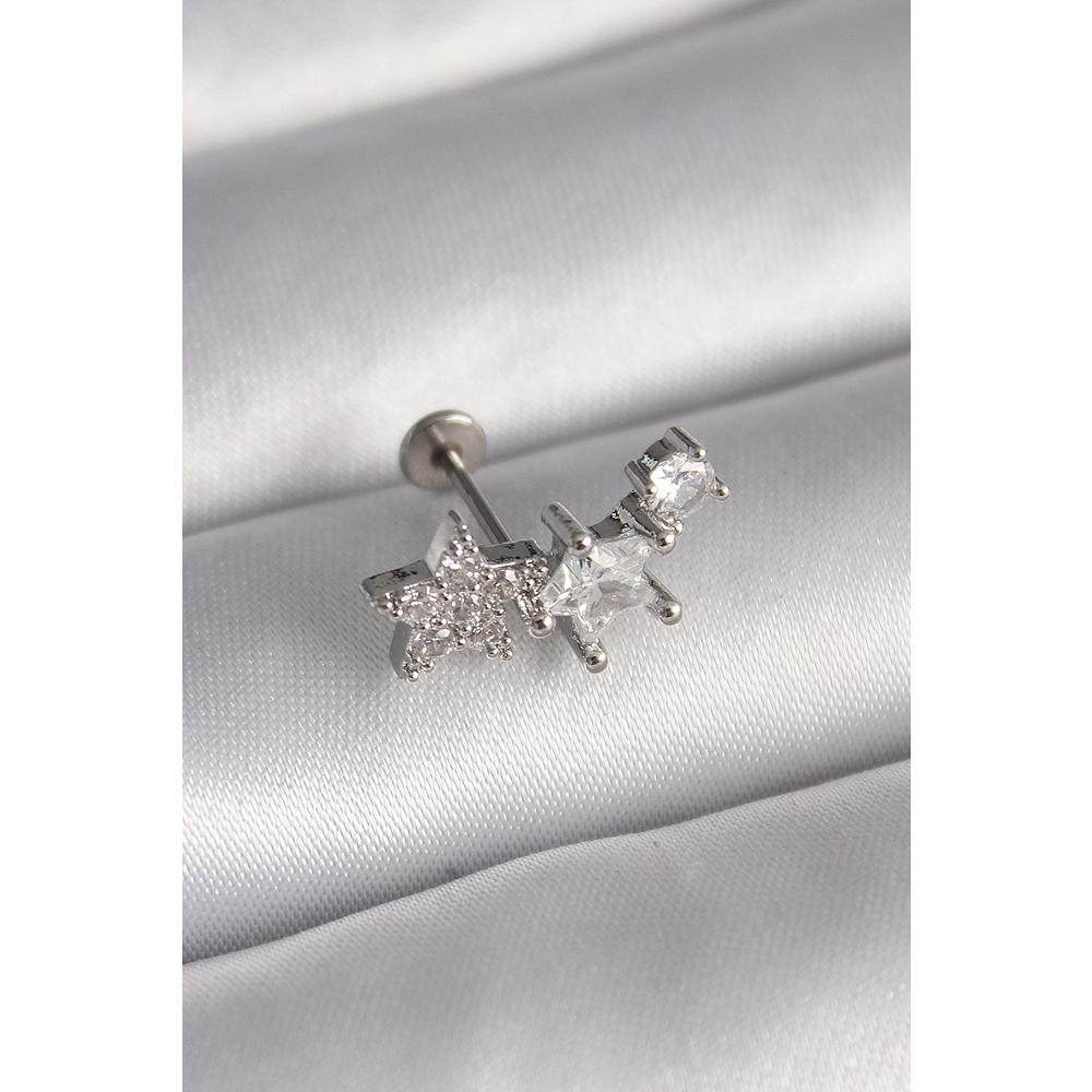 316L Çelik Gümüş Renk Zirkon Taşlı Yıldız Model Tragus Piercing