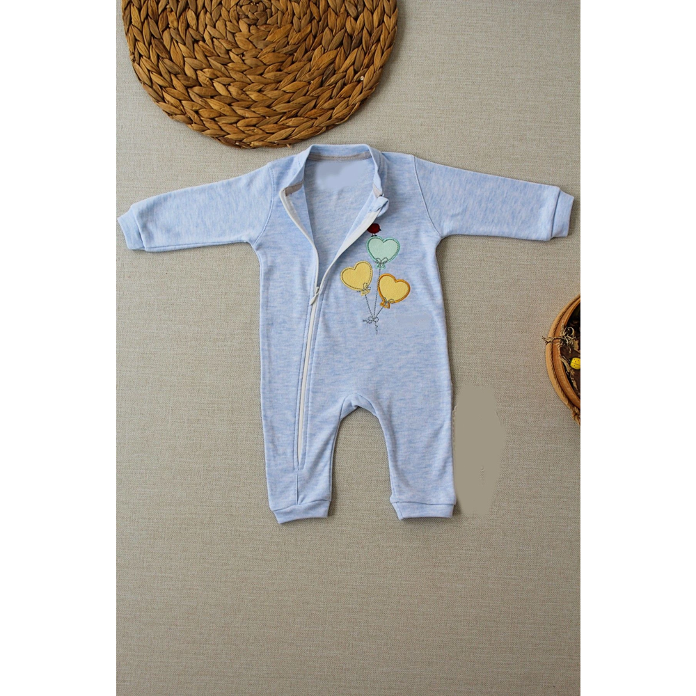 3-6 18-24 24-36 Ay Uçan Balonlar Nakışlı Ef Boy Fermuarlı Erkek Bebek Tulumu