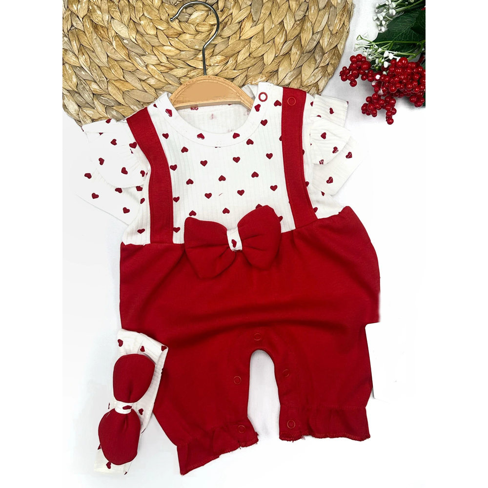 3-6-9-12 Ay Bandanalı Piti Kalp Baskılı Salopet Görünümlü 2li Kız Bebek Takımı