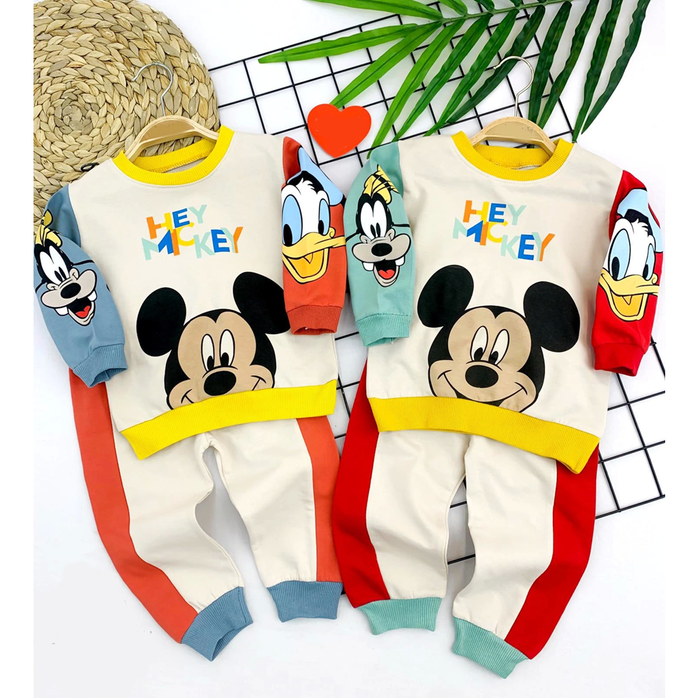 9-12-18-24 Ay Mickey Ve Arkadaşları Desenli Uzun Kollu Sweat 2li Kız Erkek Bebek Takımı