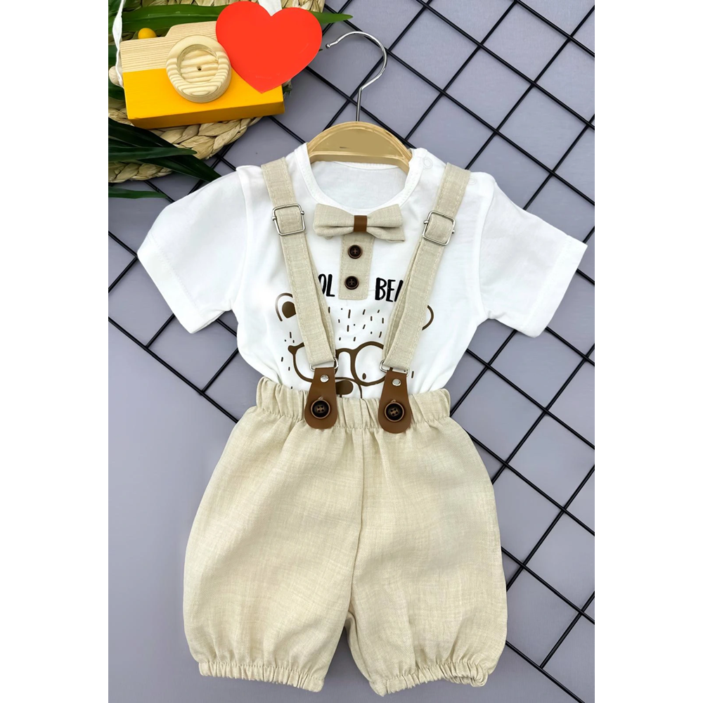9-12-18-24 Ay Papyon Detaylı Keten Şort Salopet Tişörtlü 2li Erkek Bebek Takımı