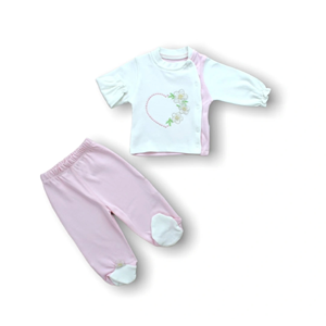 Baharın Çiçekli Kalbi Nakışlı %100 Cotton Antibakteriyel 5li Zıbın Takımı Hastane Çıkışı