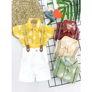 9-12-18-24 Ay Pamuk Keten Kumaş Hawai Gömlek Lastik Askılı 2li Erkek Bebek Takımı