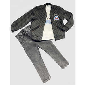 4-5-6 Yaş Kot Pantolonlu Pilot Mont Uzun Kollu Penye Sweat 3lü Erkek Çocuk Takımı