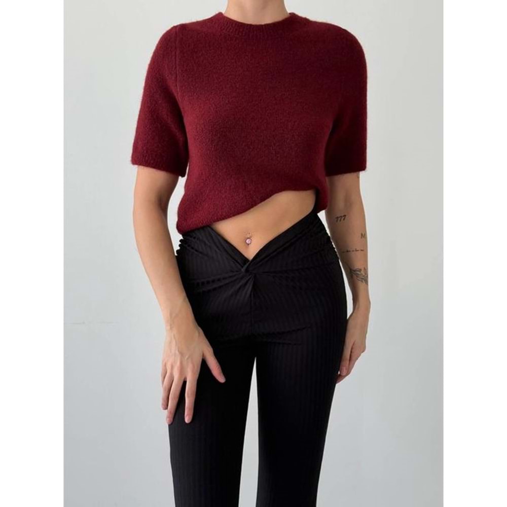 Kısa Kol Bisiklet Yaka Standart Bordo Kazak