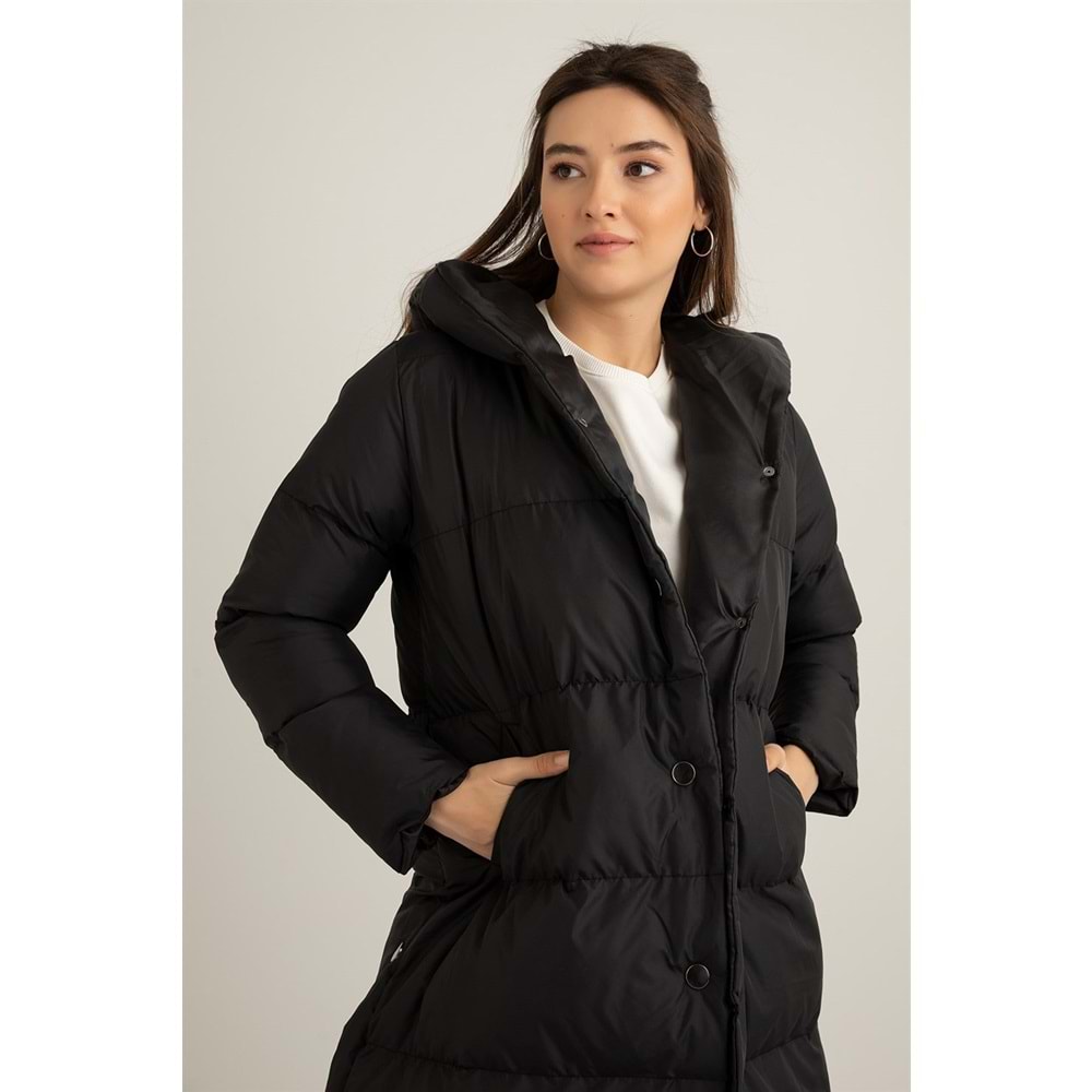 Çıtçıtlı Uzun Şişme Kadın Mont Siyah 40 Beden