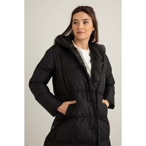 Çıtçıtlı Uzun Şişme Kadın Mont Siyah 40 Beden