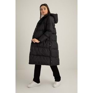 Çıtçıtlı Uzun Şişme Kadın Mont Siyah 40 Beden