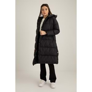 Çıtçıtlı Uzun Şişme Kadın Mont Siyah 40 Beden