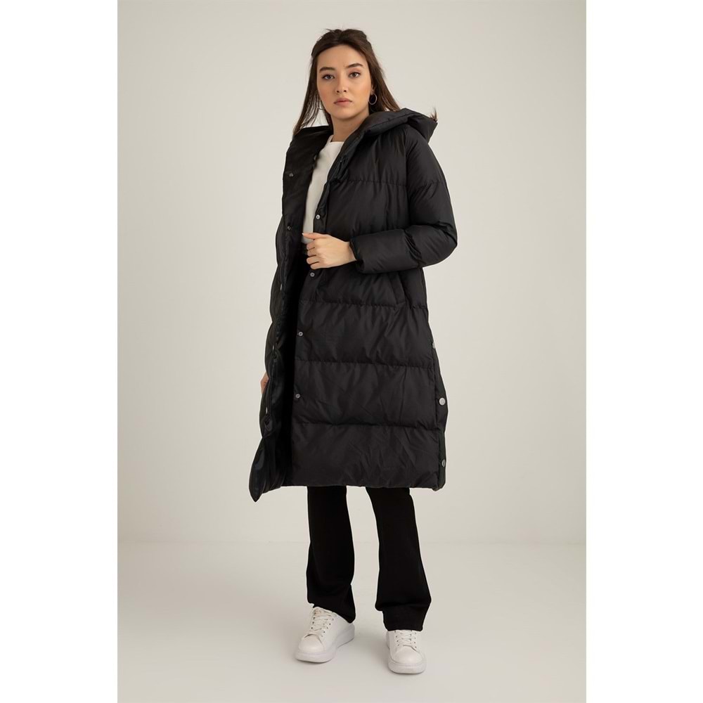 Çıtçıtlı Uzun Şişme Kadın Mont Siyah 46 Beden